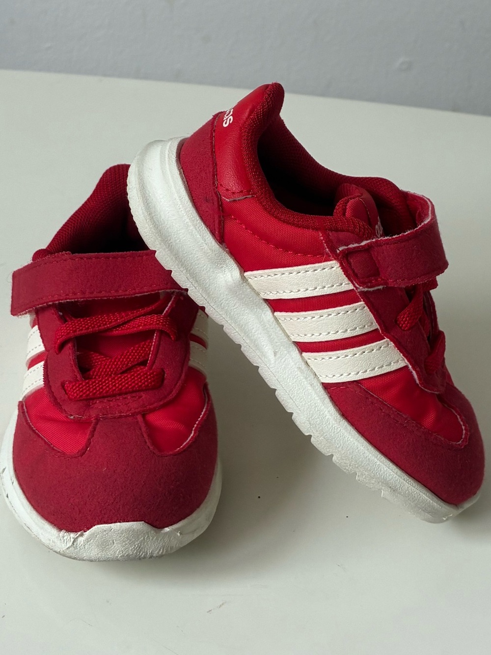 Adidas Kids Red Athletic Sneakers with White Stripes Velcro Size 6